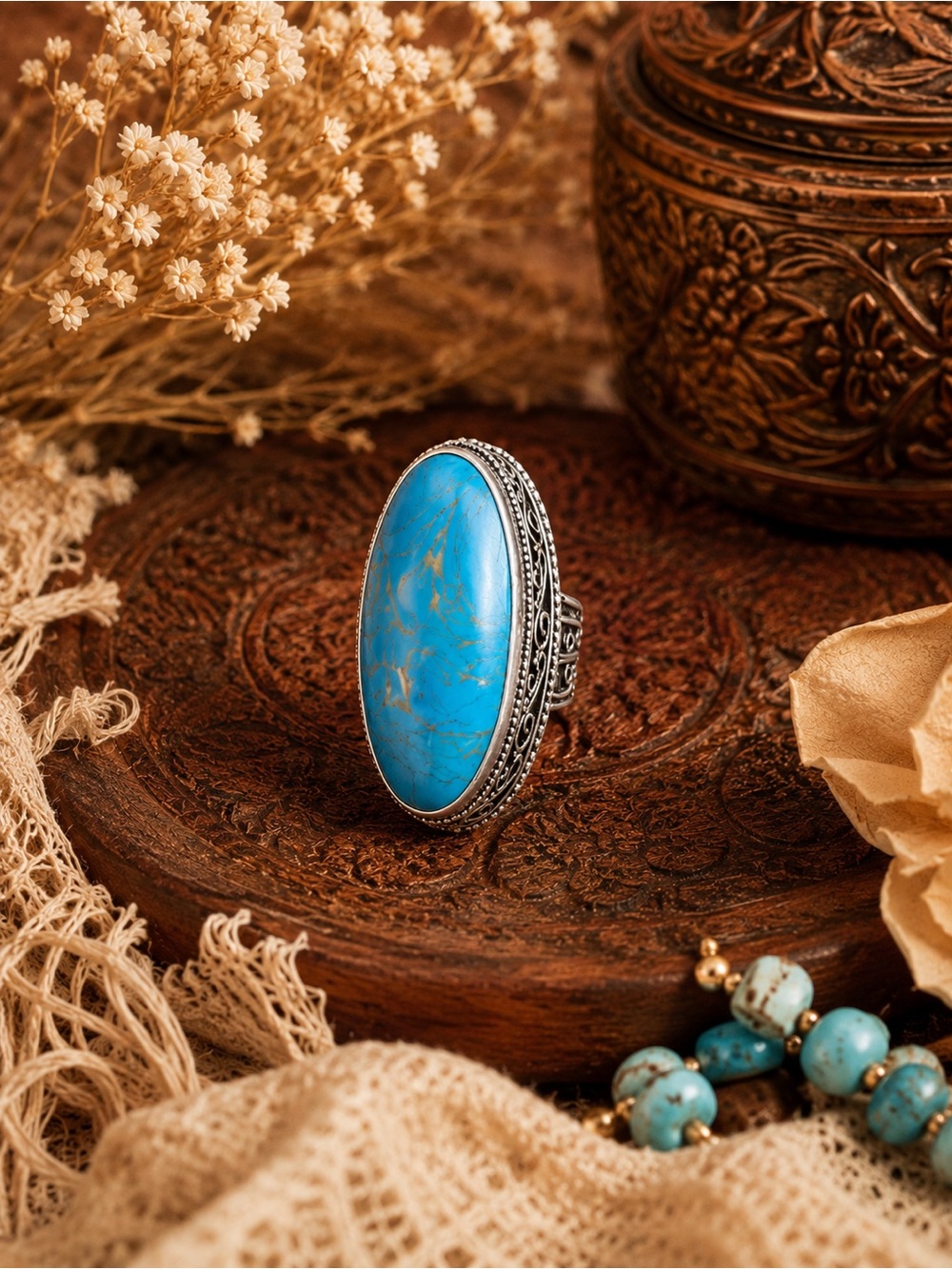 925 Sterling Silver Blue Turquoise-Style Statement Ring | Size 9